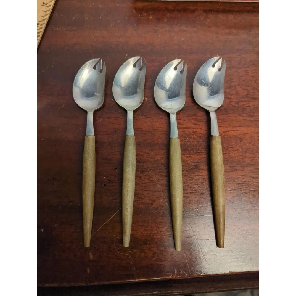Vintage MCM Stainless Steel Otagiri Japan Salad Serving Spoons Teak Lot of 4